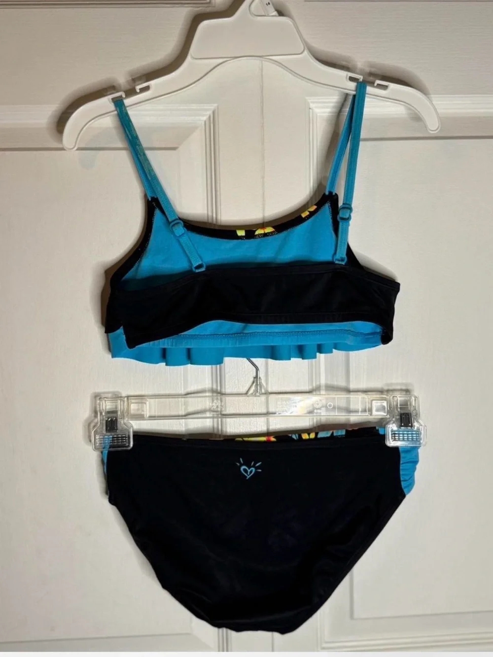 Justice Black Floral Two-Piece Bikini with Turquoise Trim